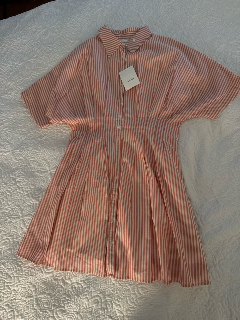 Striped Button-Front Shirt Dress in Coral and White